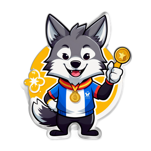Masayang Wolf na Karakter na Nagtatanghal ng Medalya