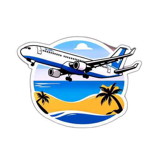 Design de um avião MD-11 pousando na praia, simbolizando viagem e aventura