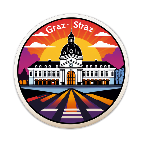 Sticker mit dem Hauptbahnhof Graz bei Sonnenuntergang