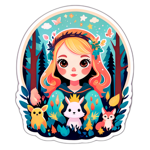 Drømmende klistremerke med Stina Brendemo Hagen i en fredelig skog