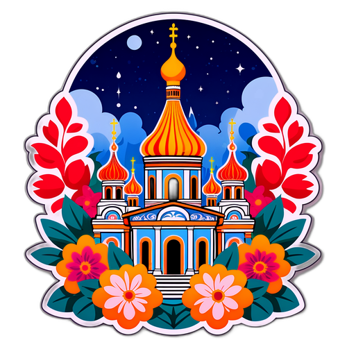 Храм Рыльского, окруженный цветами и традиционными русскими орнаментами