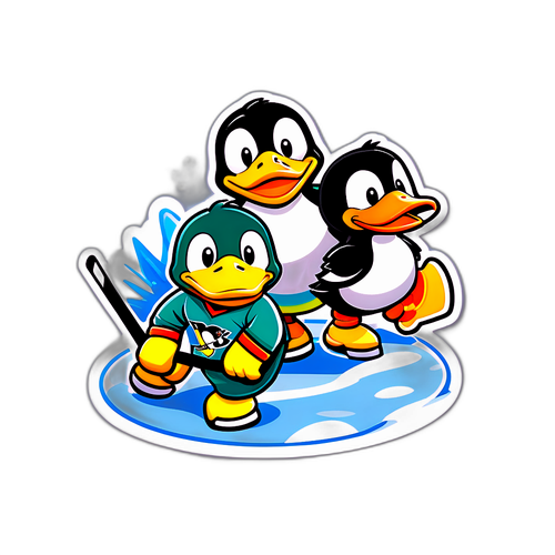 Cartoon Ducks vs Penguins Ice Hockey Sticker