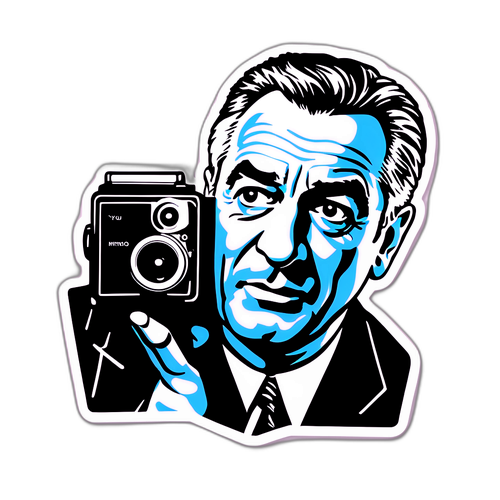 Sticker van Robert De Niro met een stoere blik en een filmcamera