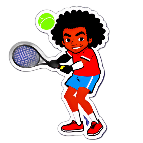 Sticker van Yannick Noah die tennis speelt met een ballenmachine op de achtergrond