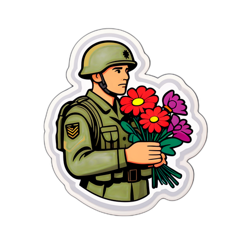 Soldat oferind flori