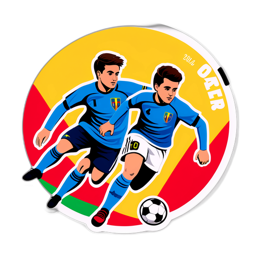 Sticker cu echipa de tineret jucând fotbal, simbolizând viitorul sporturilor românești