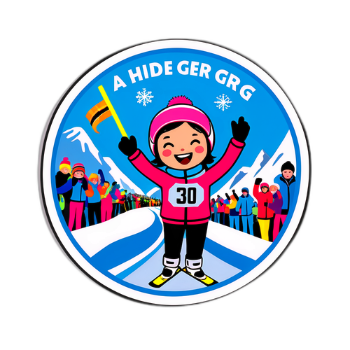 Fröhlicher Aufkleber von Hilde Gerg am Ziel eines Skirennens