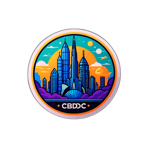 미래 도시 풍경을 강조한 CBDC 스티커 디자인