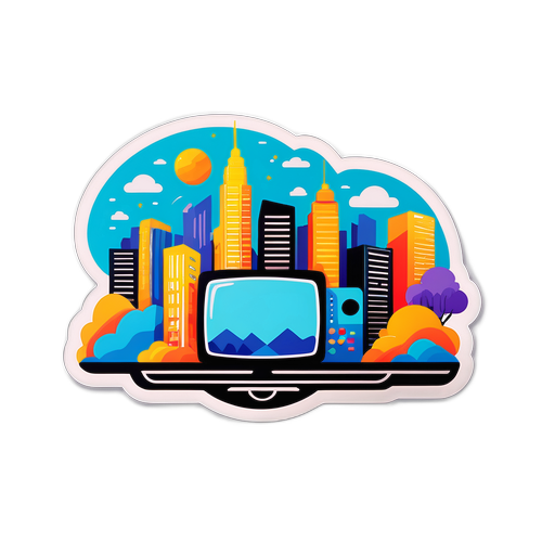Sticker cu o ilustrație artistică a unui peisaj urban, simbolizând diverse canale TV online