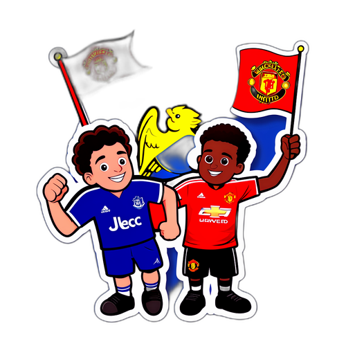 מאייר דמות קריקטורית עליזה אוהדת מנצ'סטר יונייטד ואברטון