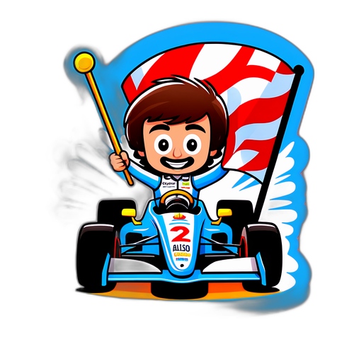 Мультяшное изображение Фернандо Алонсо на гоночной машине с флагом "Финиш!"