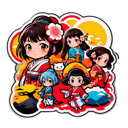 전통 일본 만화 캐릭터 스티커 디자인