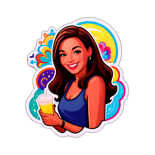 Inspirerande sticker av en glad kvinna med en drink