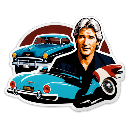 Vintage-stil klistermärke med Richard Gere och klassiska bilar