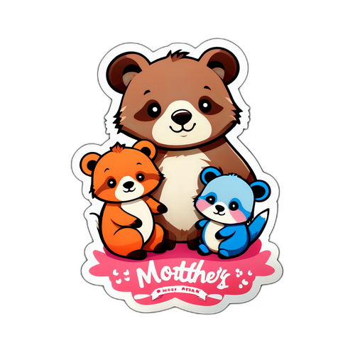 สติกเกอร์การ์ตูนสไตล์แม่และลูกสัตว์เพื่อเฉลิมฉลองวันแม่