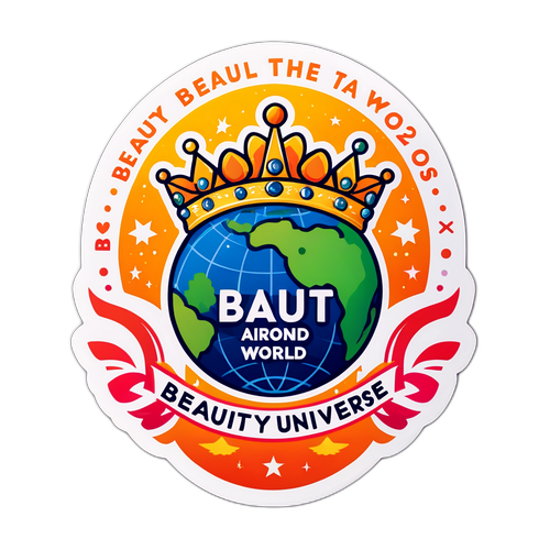 Een opvallende sticker voor Miss Universe 2025 met een kroon en de tekst 'Schoonheid over de wereld'
