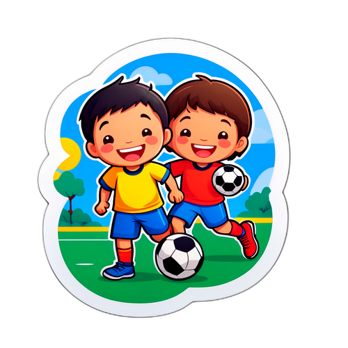 สติกเกอร์การ์ตูนเด็กๆ กำลังเล่นฟุตบอลอย่างมีความสุข