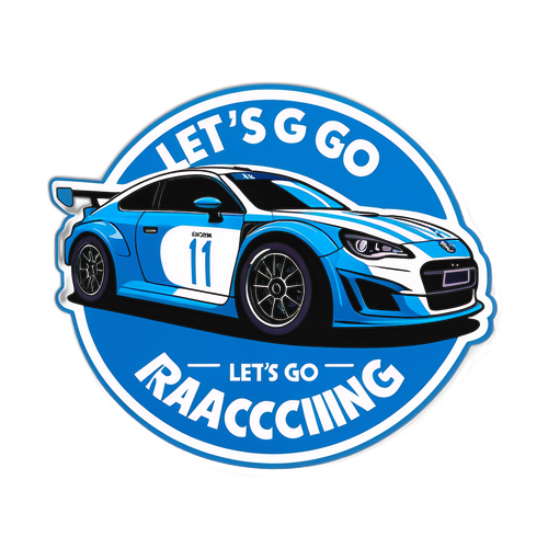 Un adhesivo que ilustra un coche de carreras característico del equipo de carreras, con colores azul y blanco, y el eslogan '¡Vamos a Correr!'