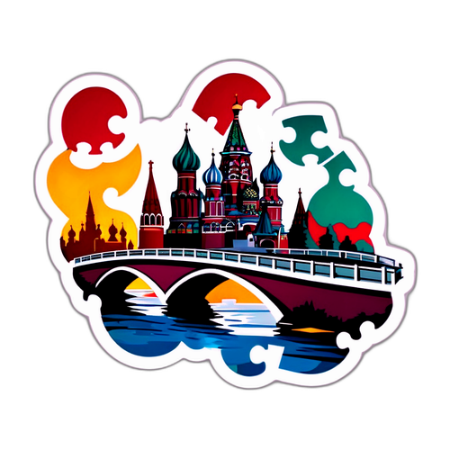 Дизайн наклейки с мостом в форме пазла, где отсутствует кусочек Россия