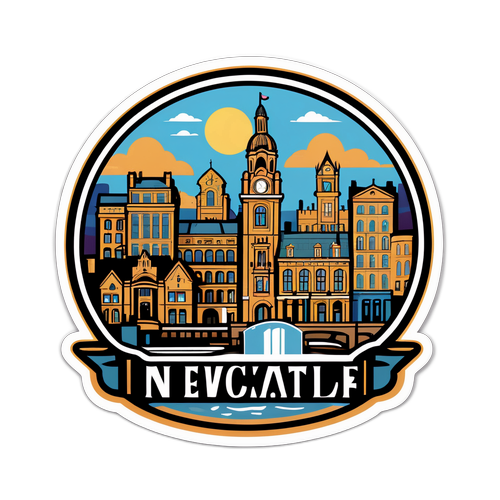 En illustration av Newcastle med sina karaktäristiska byggnader, med ett gåtfullt tema