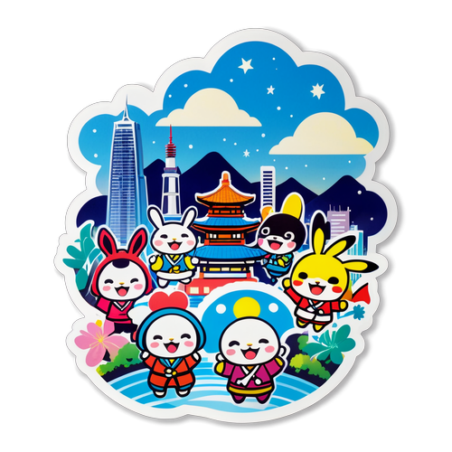 キャラクターたちが楽しむ夜の福岡の風景