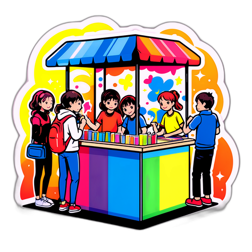 コミケットブースで絵を描く人々のカラフルで楽しいデザイン