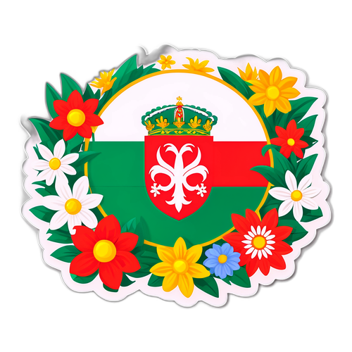 Kolorowa naklejka z flagą Bułgarii i narodowymi kwiatami