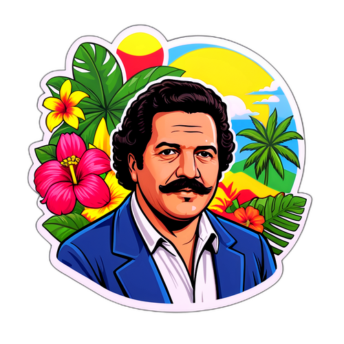 Autocollant illustrant Pablo Escobar avec des éléments de la culture colombienne