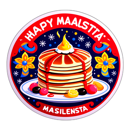 Стикер с изображением Масленицы — блины и празднества, текст "Счастливой Масленицы!"