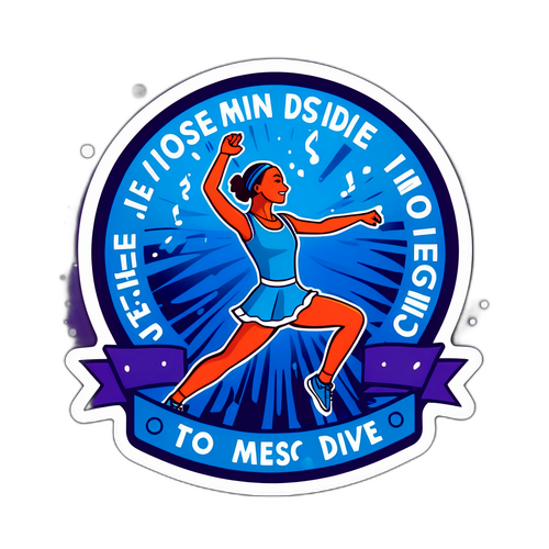 Thiết kế sticker vui vẻ với hình ảnh người nhảy múa và chữ "Hãy để mình chìm đắm trong âm nhạc!"