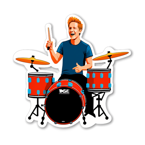 En dynamisk illustrasjon av Josh Freese med trommesettet sitt