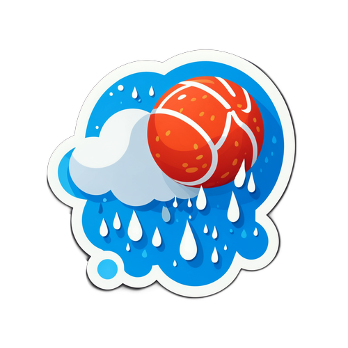 Een sticker van een balspel in de regen
