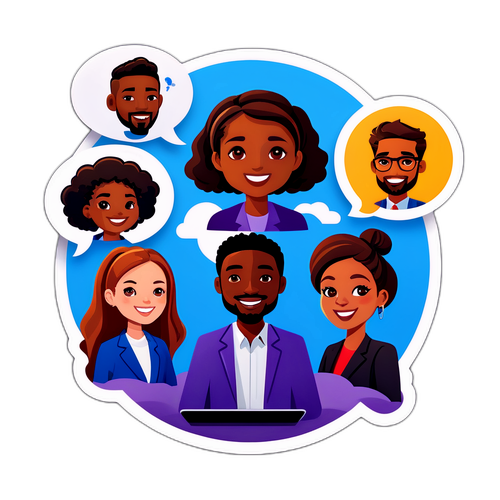 Kreatywny projekt naklejki przedstawiający różnorodną grupę ludzi korzystających z Microsoft Teams podczas wideokonferencji, z zabawnymi dymkami rozmowy.