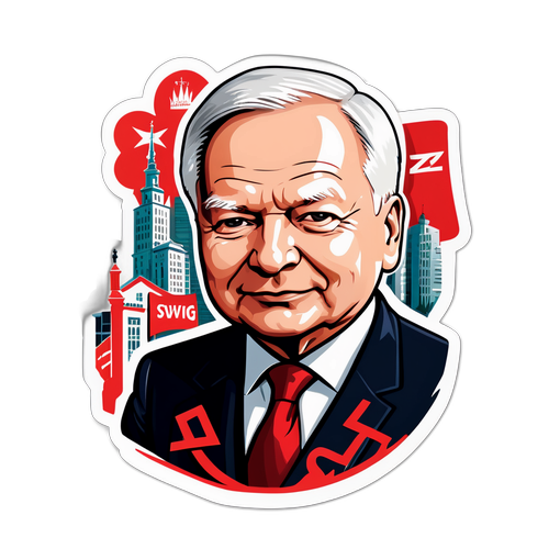 Karikaturna portret Kaczyńskiego z symbolami Warszawy