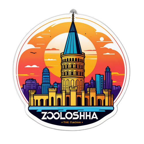 Дизайн наліпки з образом вежі Голдонуна на фоні заходу сонця з текстом "Золотоноша - місто мрій"