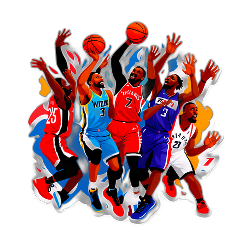 Adesivos Artísticos de Jogadores dos Wizards e Raptors em Cena Dinâmica de Basquete