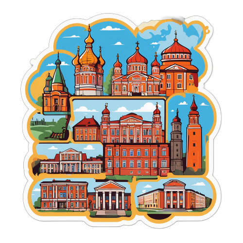 Стикер с изображением знаменитых зданий Симбирска, окруженных историческими элементами