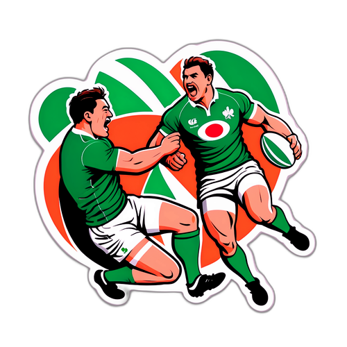 Stiker energetic cu acțiune de rugby între Irlanda și Ungaria
