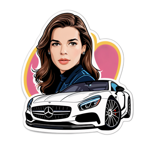 Een sticker van Charlotte Casiraghi in een luxe auto, met een achtergrond van een chique evenement