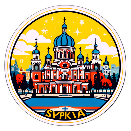 Ілюстрація з символічними місцями Києва: Майдан Незалежності, Софіївський собор в ретро стилі