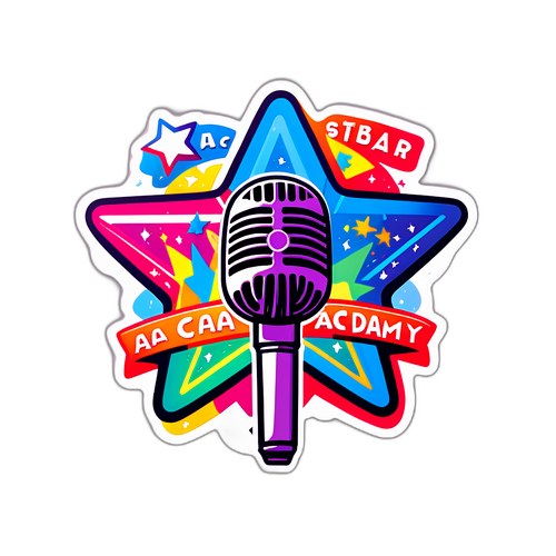 Kleurrijke sticker met het Star Academy-logo en een microfoon