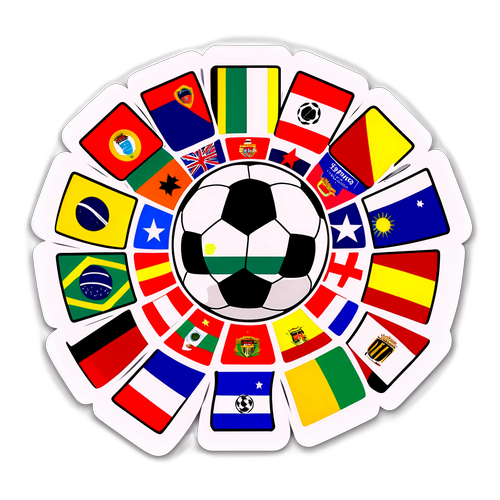 Etiqueta con balón de fútbol rodeado de banderas llamativas de los equipos que compiten en la Copa Libertadores