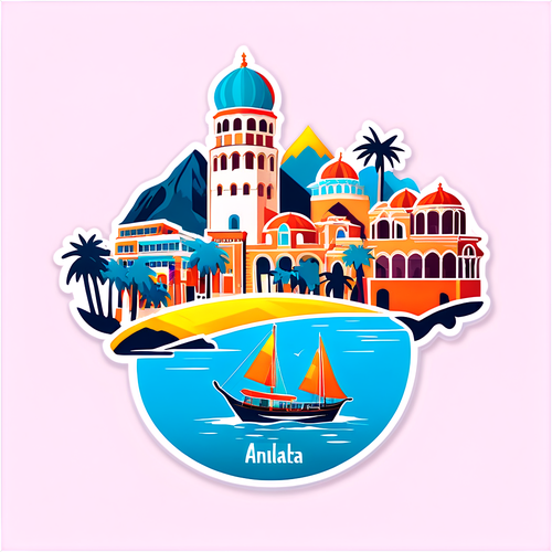 Stylový sticker zobrazující krásy Antalye a turistické ikony