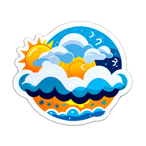 สติ๊กเกอร์แสดงสภาพอากาศพร้อมสายลมเย็นและข้อความ 'อากาศดีมาก!'