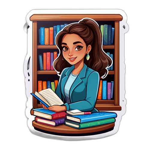 Sticker van Nadia met een boekenplank vol boeken en creatieve schrijfmateriaal