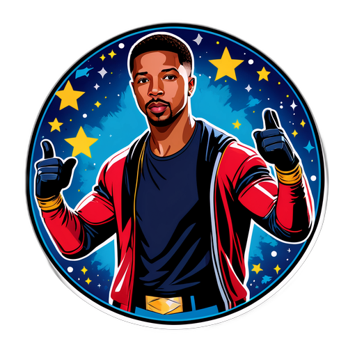 Autocolant cu Michael B. Jordan în costume iconice din filme, înconjurat de stele și aplauze