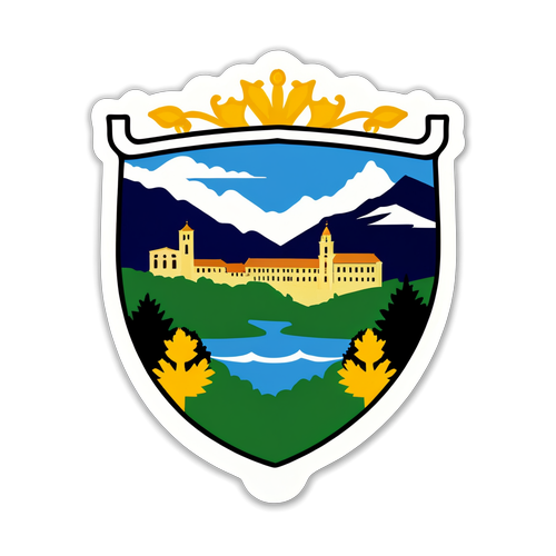 Diseño de sticker representativo del paisaje de Asturias, hogar del Real Oviedo, con su escudo.