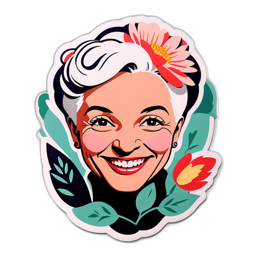 Portrait minimaliste de Muriel Robin avec un sourire intégré dans un design floral