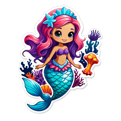 Sparkling Mermaid Swimming Among Coral Reefs and Sea Creatures