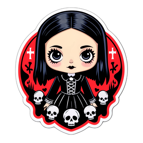 Кумедна та ексцентрична наклейка з Веднесдою Аддамс у її класичному готичному стилі